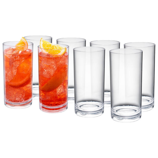 Set of acrylic highball glasses: two with red drink and citrus, six clear