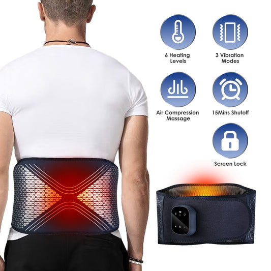 Lower back heating and vibration massage belt worn on a person’s back; dark blue pad