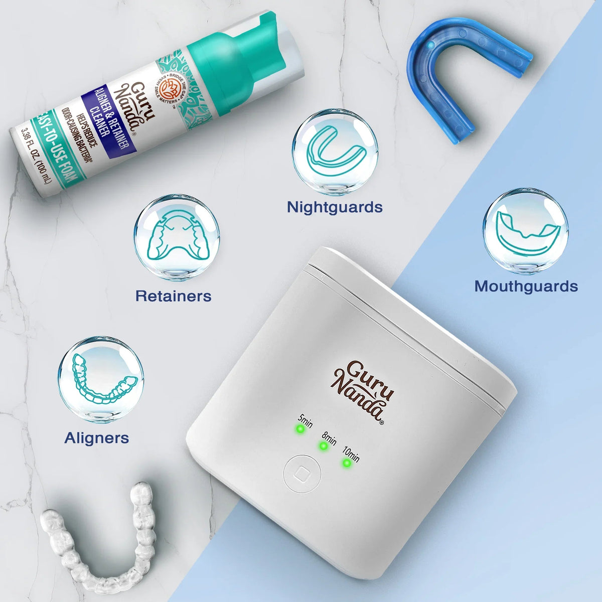 Guru Nanda ultrasonic cleaning pod with teal bottle and labeled retainer and aligner uses
