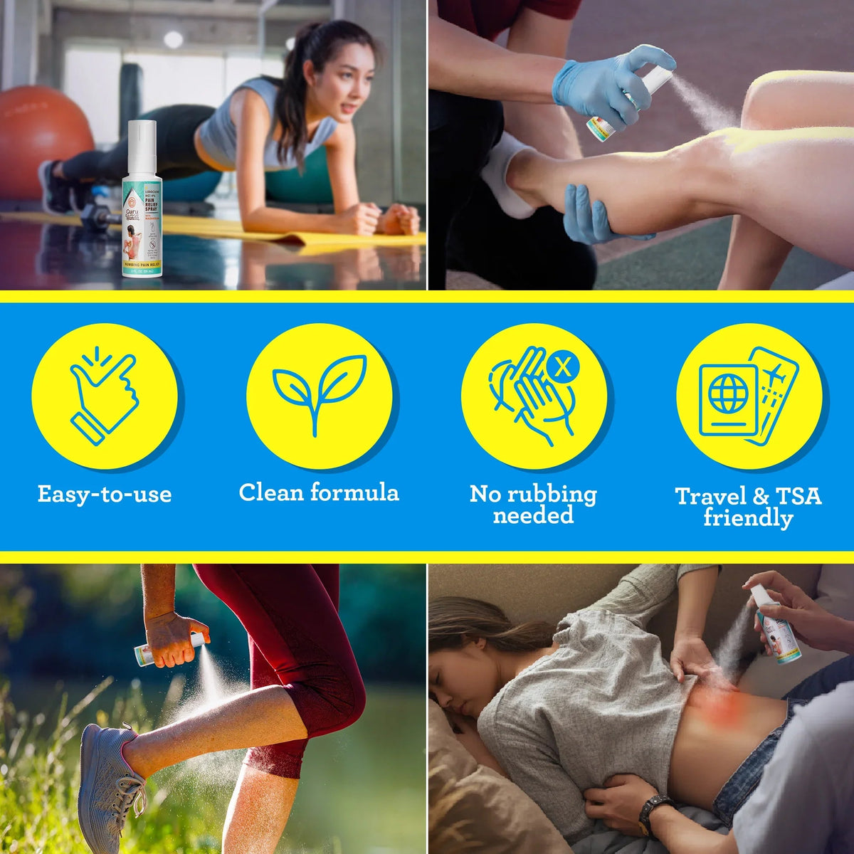 Lidocaine pain relief spray shown with use on legs, plus accessibility icons