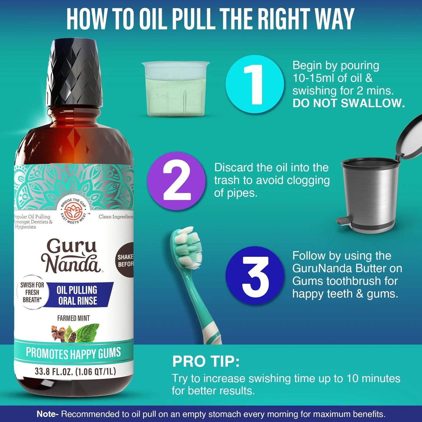 Oil pulling oral rinse bottle with step guide layout for swishing and discarding instructions