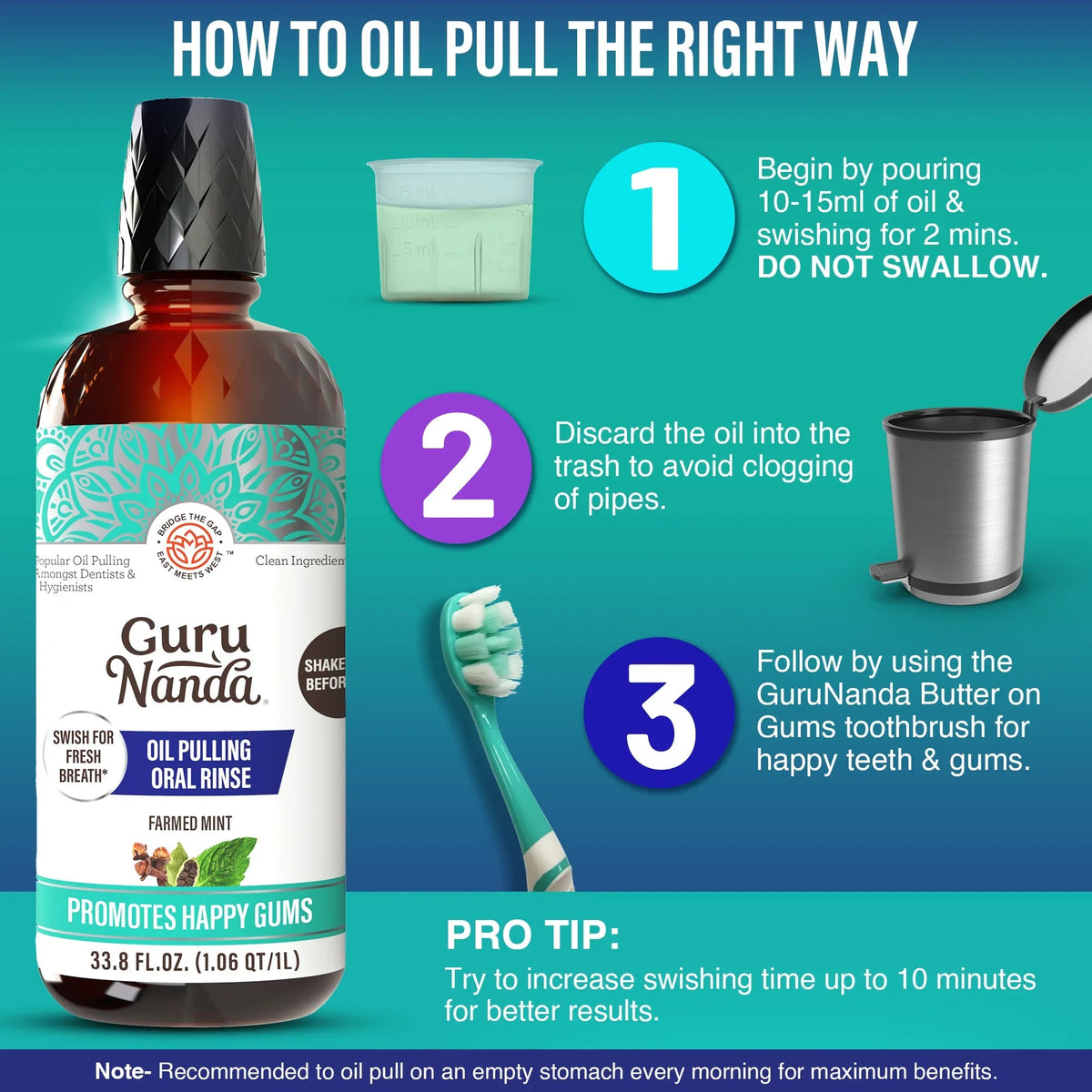 Guru Nanda oil pulling oral rinse bottle with toothbrush and step-style icons