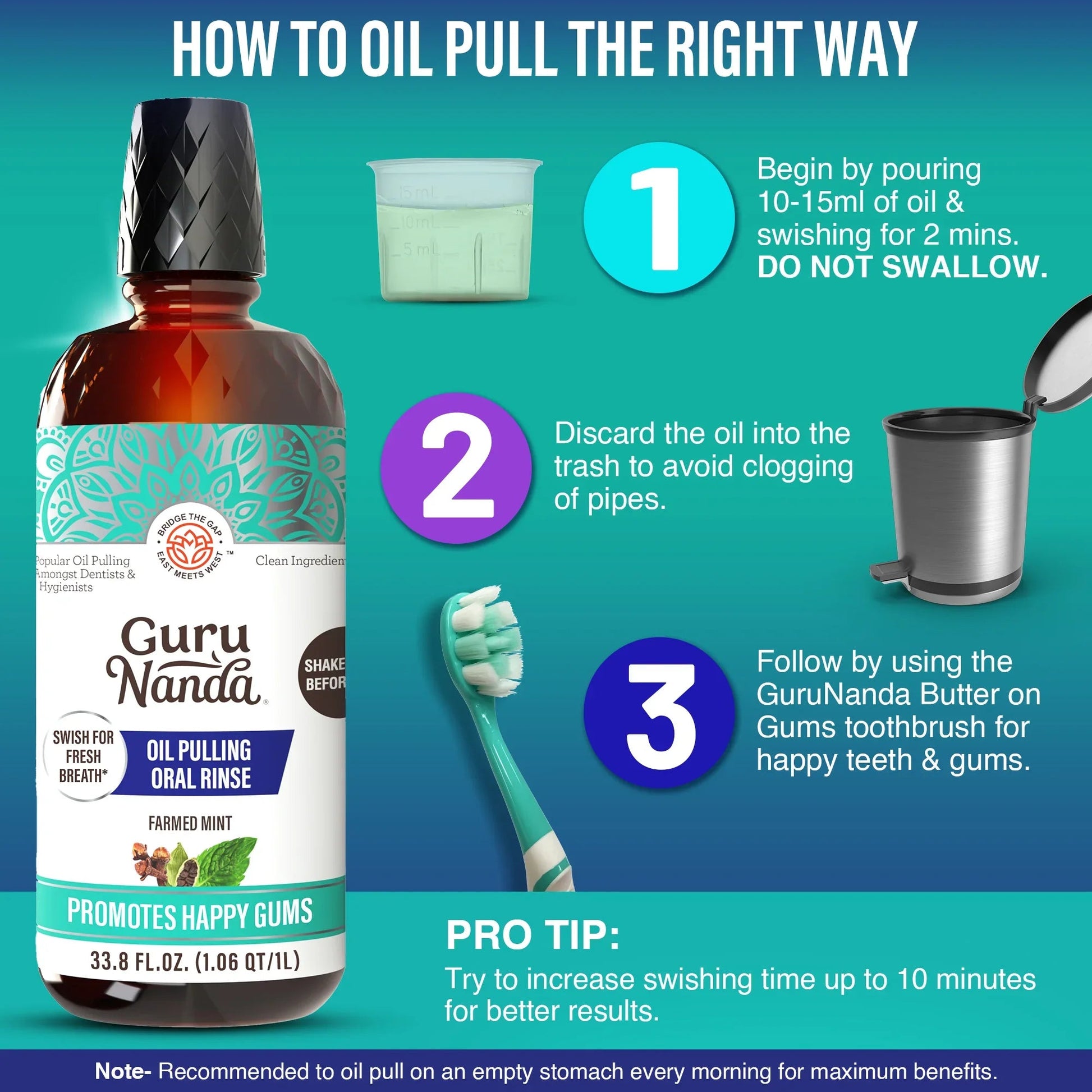 Guru Nanda oil pulling oral rinse bottle with toothbrush and step-style icons