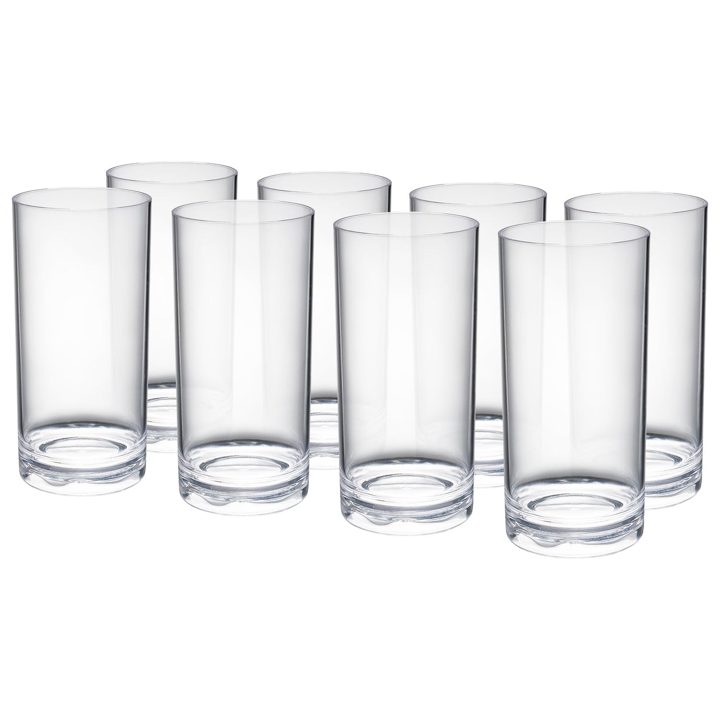 Set of acrylic highball glasses, all clear with round rims