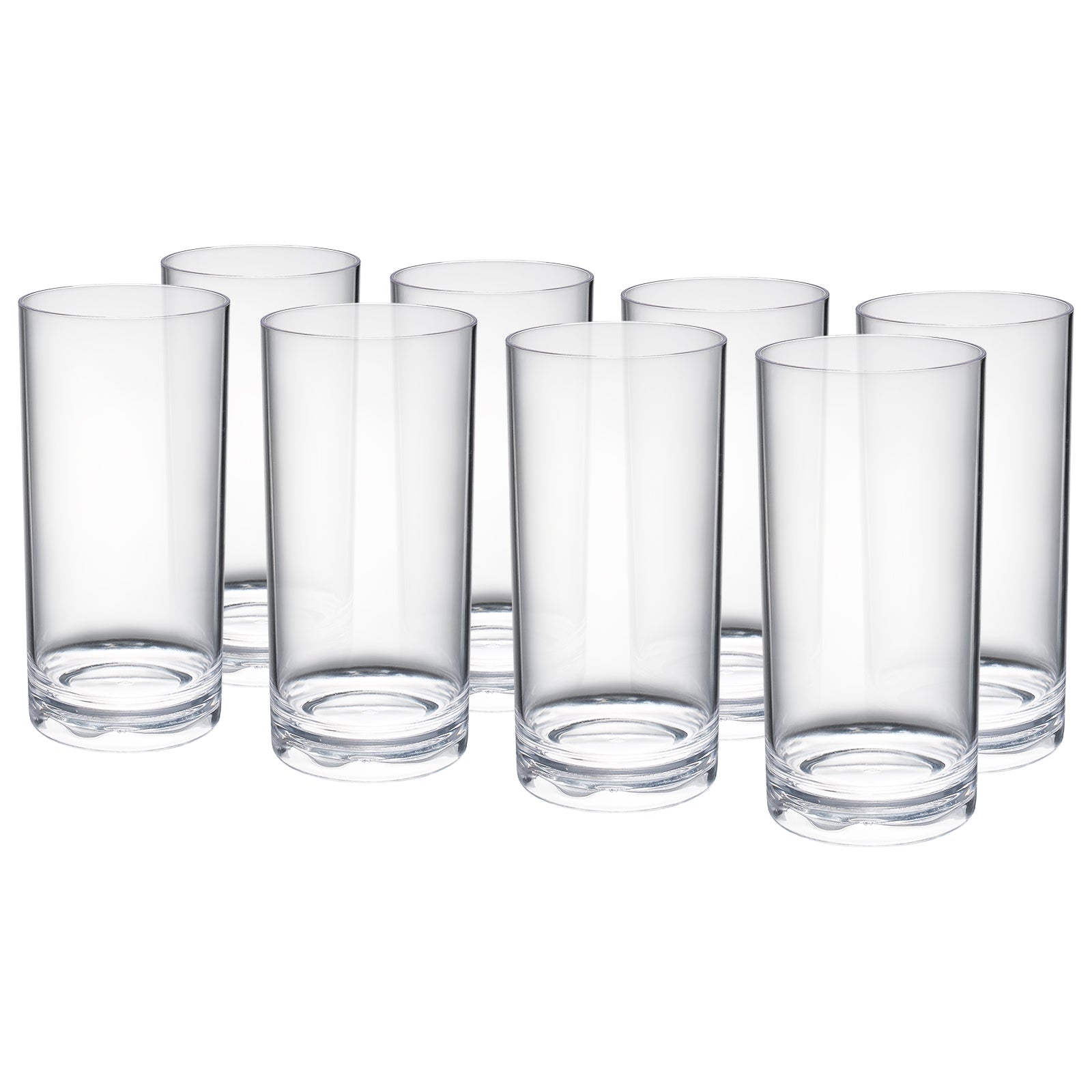 Set of acrylic highball glasses, all clear with round rims