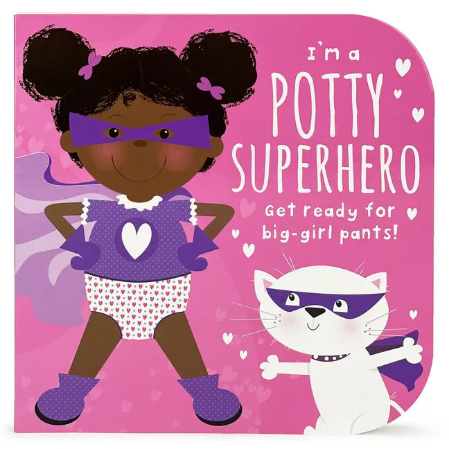 Board book cover with potty superhero girl in purple cape and cat sidekick on pink