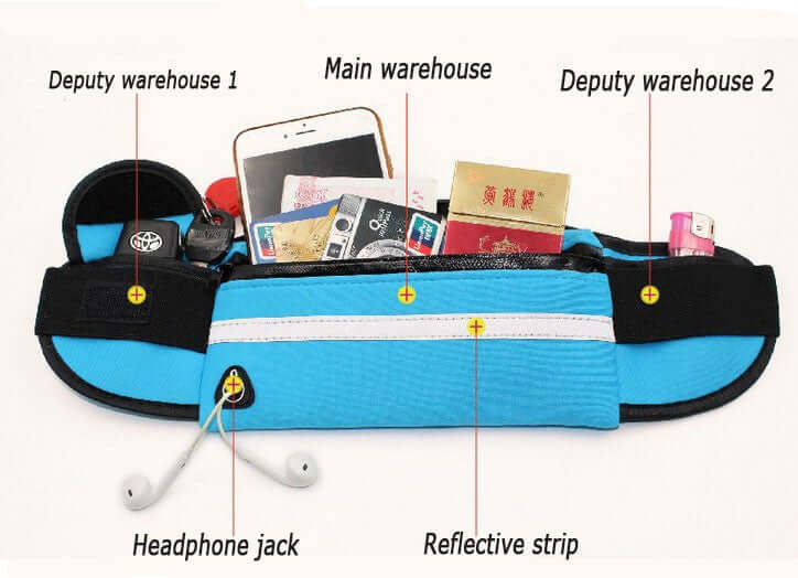 Blue waist running belt with reflective stripe and front zipper pocket