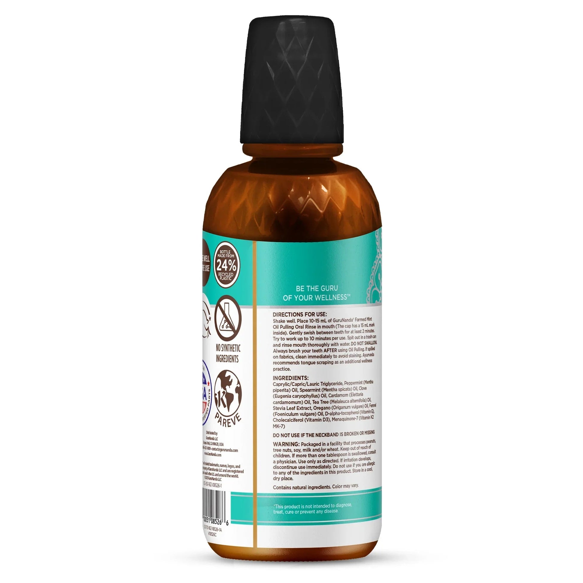 Guru Nanda oil pulling oral rinse bottle with back label facing forward