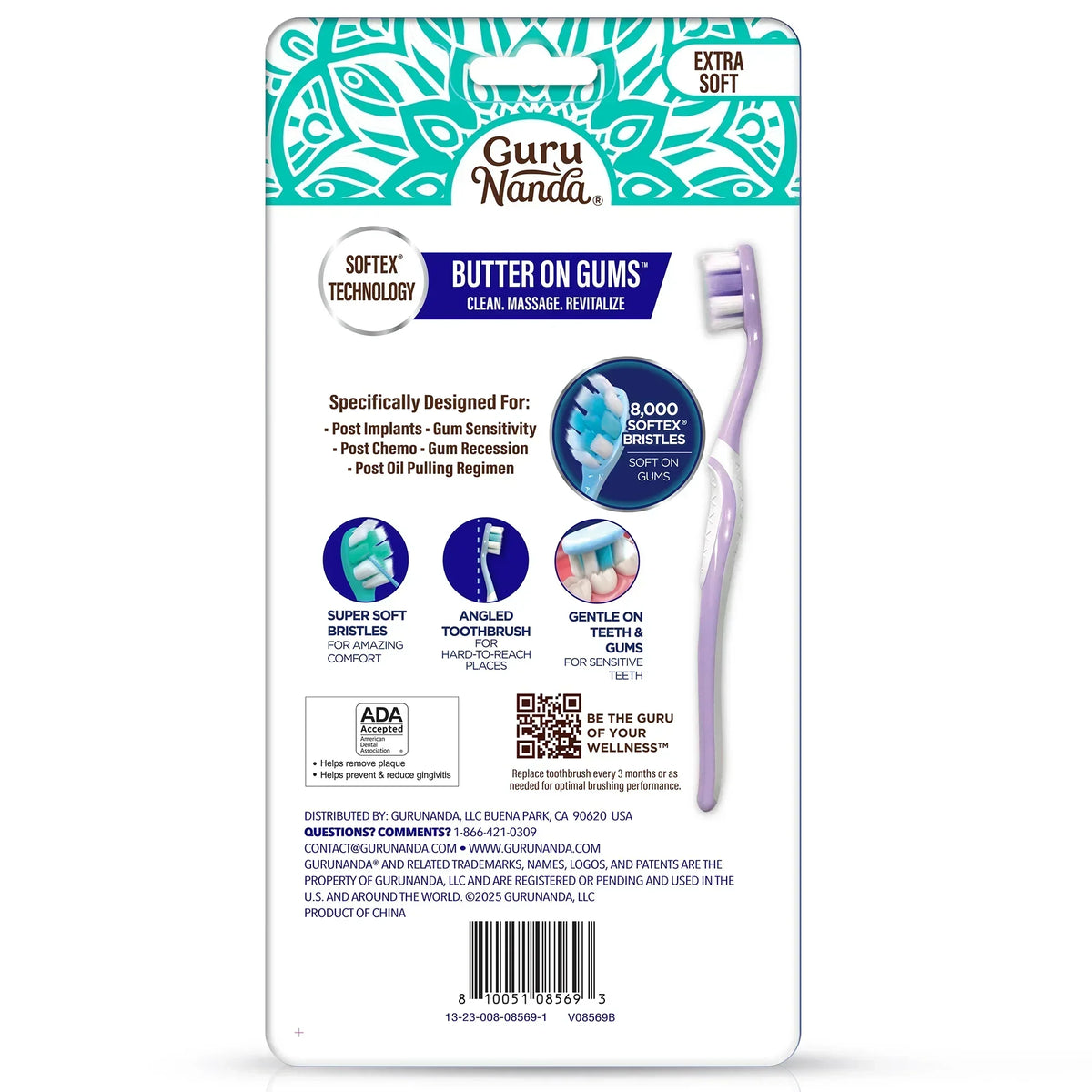 Butter on Gums toothbrush back-of-pack label with soft-bristle head image
