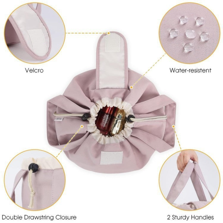 Lavender drawstring makeup bag with water-resistant fabric, double drawstring and handles