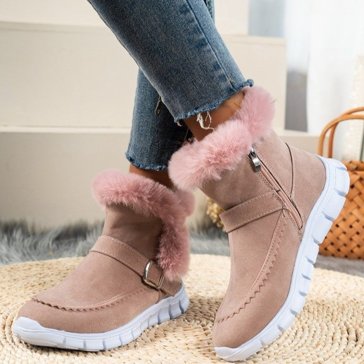 Women’s taupe ankle snow boots with plush pink fur trim, side zip and buckle
