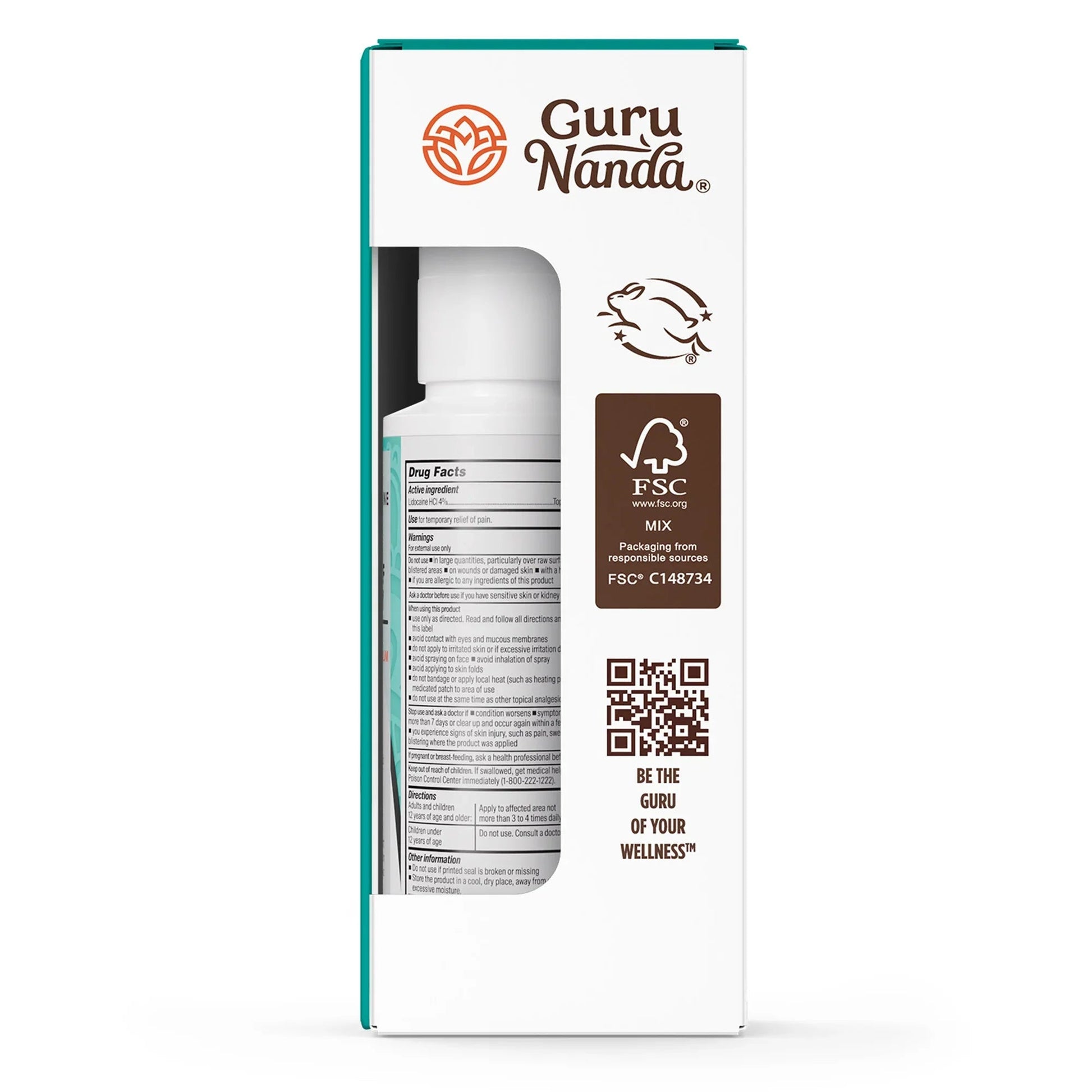 Guru Nanda lidocaine pain relief spray bottle in white package
