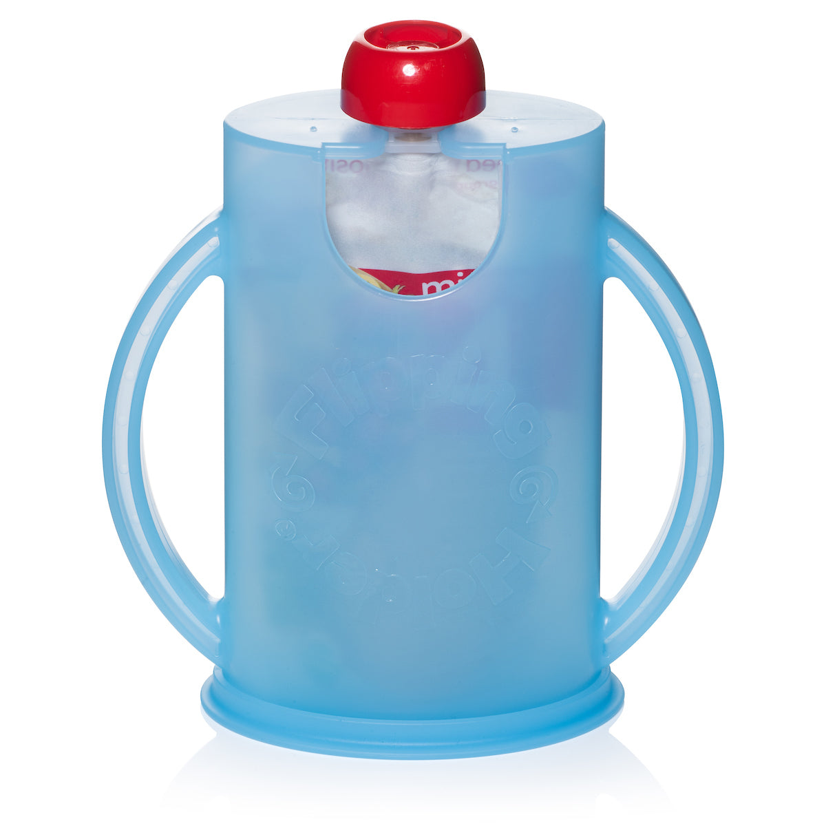 Blue pouch holder with red top cap and open drinking spout