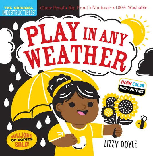 Children's book cover with girl holding fan, title 'PLAY IN ANY WEATHER' on rainy background