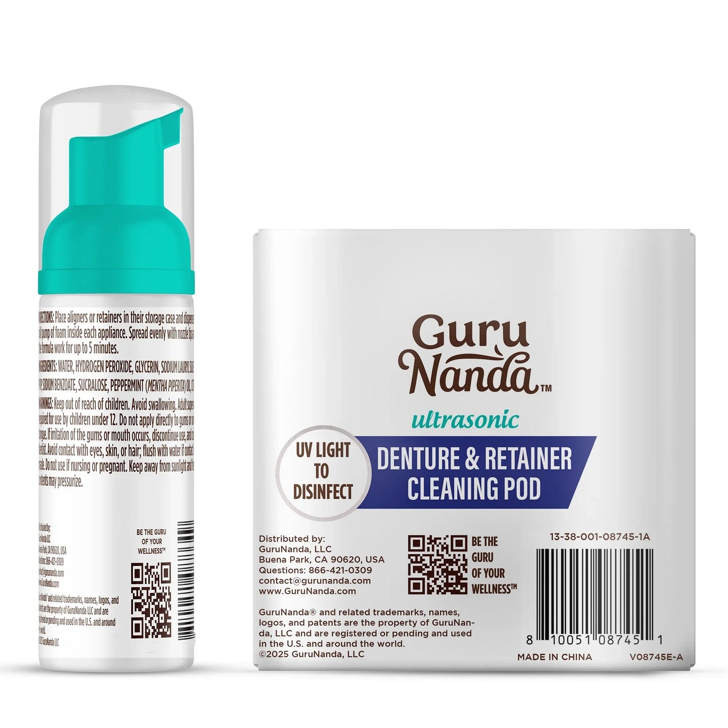 Guru Nanda ultrasonic denture and retainer cleansing pod with back label and barcode
