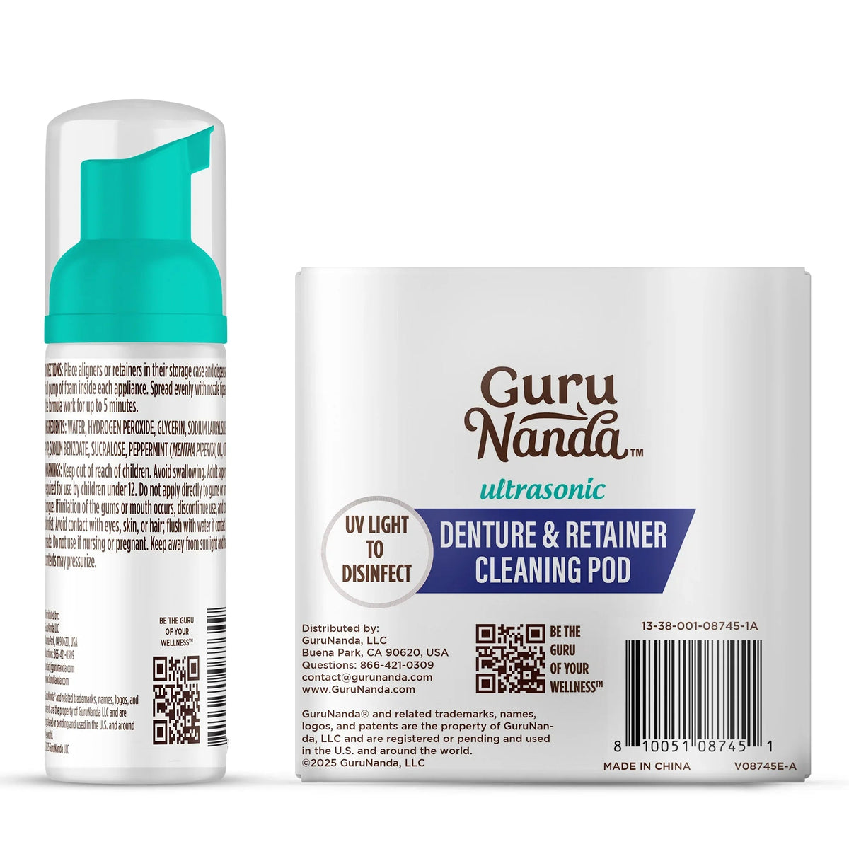 Guru Nanda ultrasonic denture and retainer cleansing pod with back label and barcode