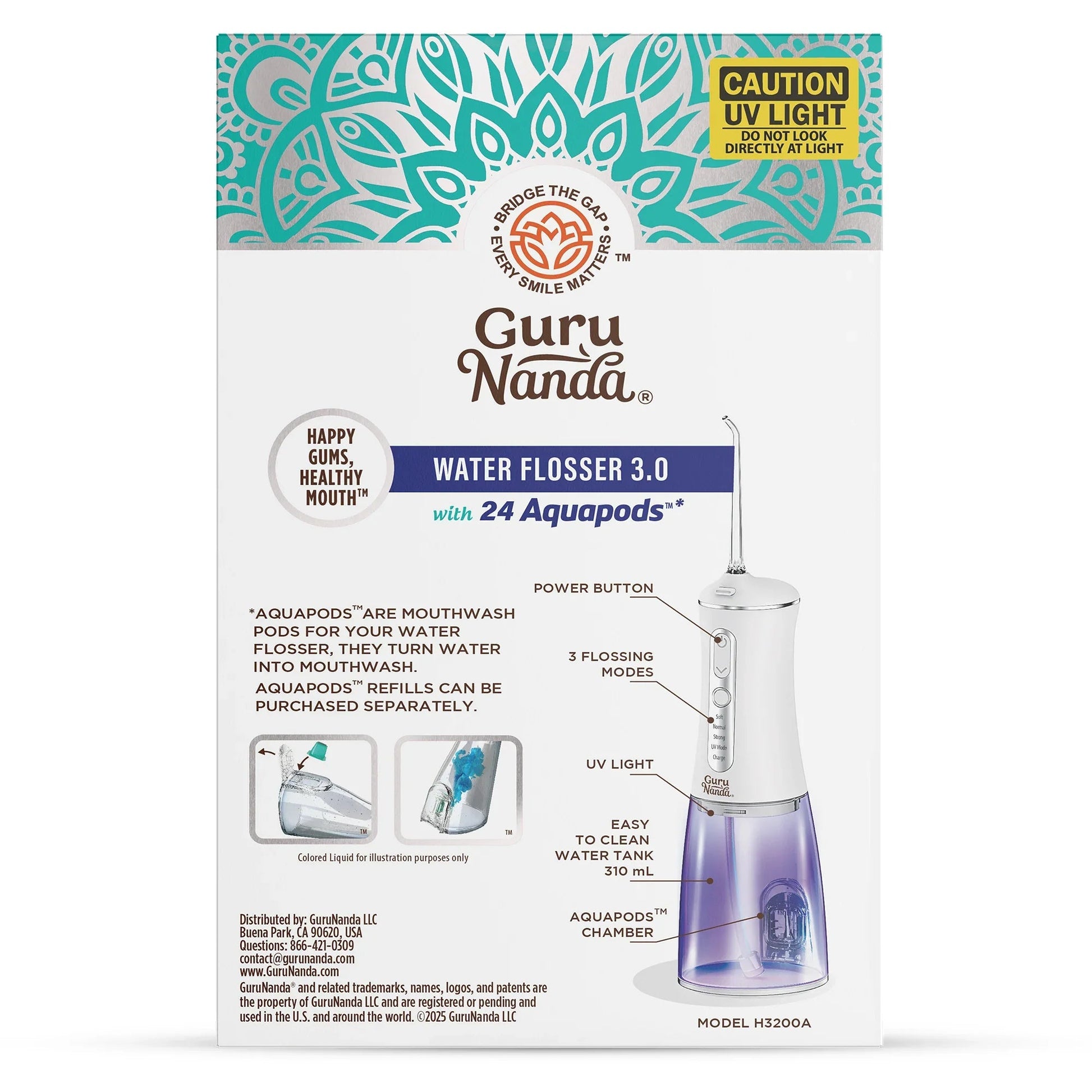 Guru Nanda water flosser 3.0 with 24 Aquapods product box, featuring UV light and tank