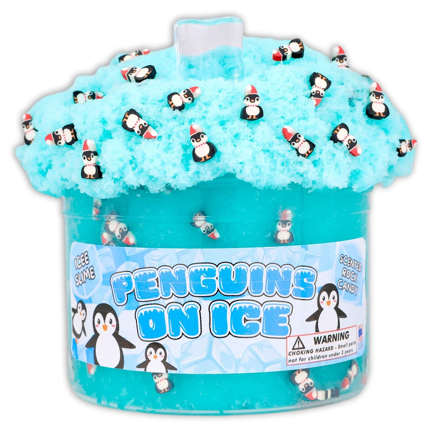 Aqua ice slime tub with penguin icons and a large front ice-themed label