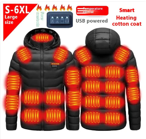 Men's heated cotton-padded jacket, black, back view with glowing heat panels