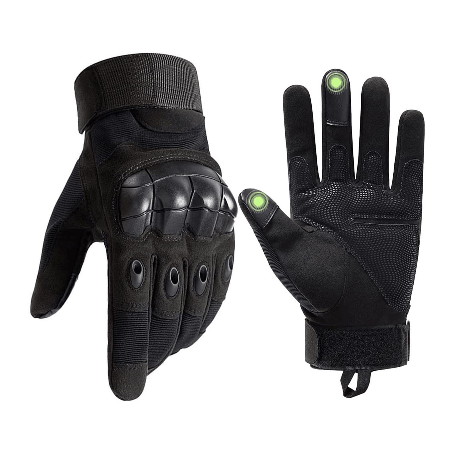 Black gloves with touchscreen fingertips and padded knuckles, elastic wrist cuffs