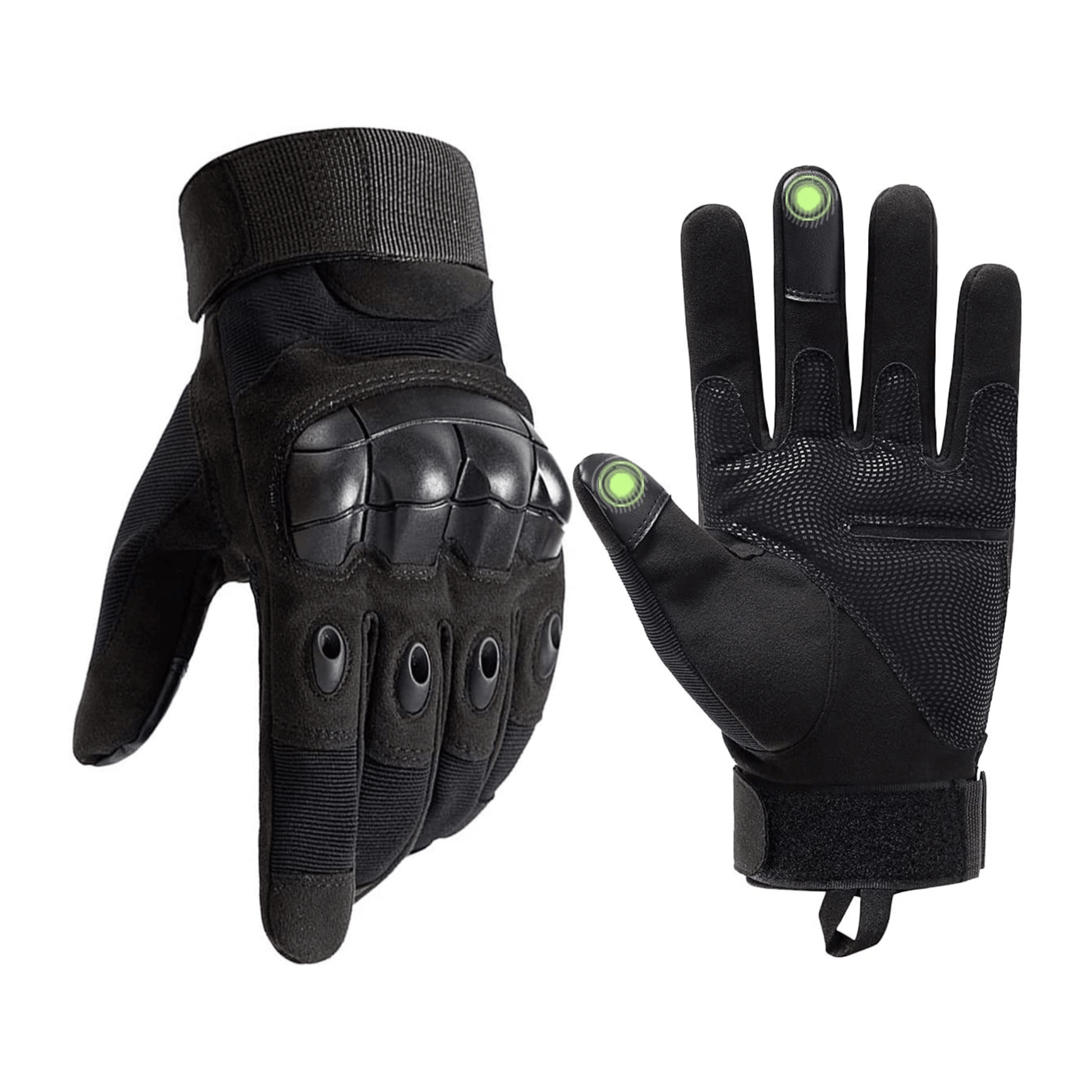 Black gloves with touchscreen fingertips and padded knuckles, elastic wrist cuffs