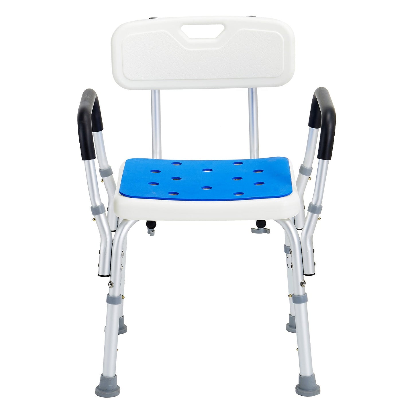 Blue shower chair with white backrest on a white background
