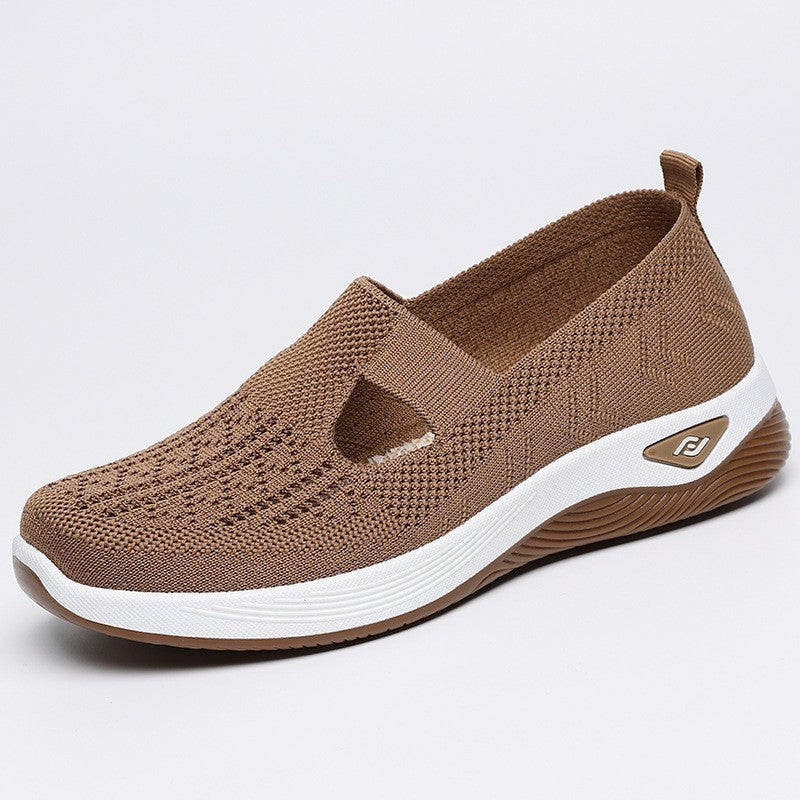 Women's mesh slip-on casual shoes, brown knit upper with white sole