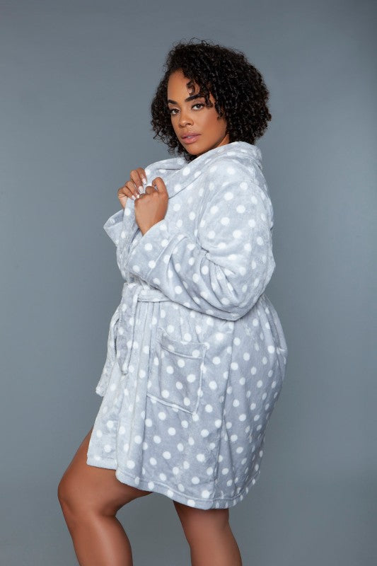 Light blue polka-dot robe with tie belt, long sleeves, shawl collar, and side pockets