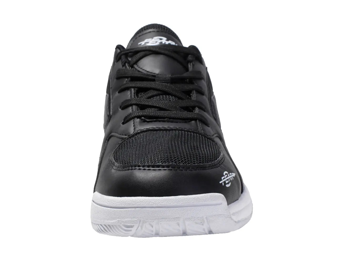 Black lace-up walking shoe heel view with padded collar and white cushioned sole.
