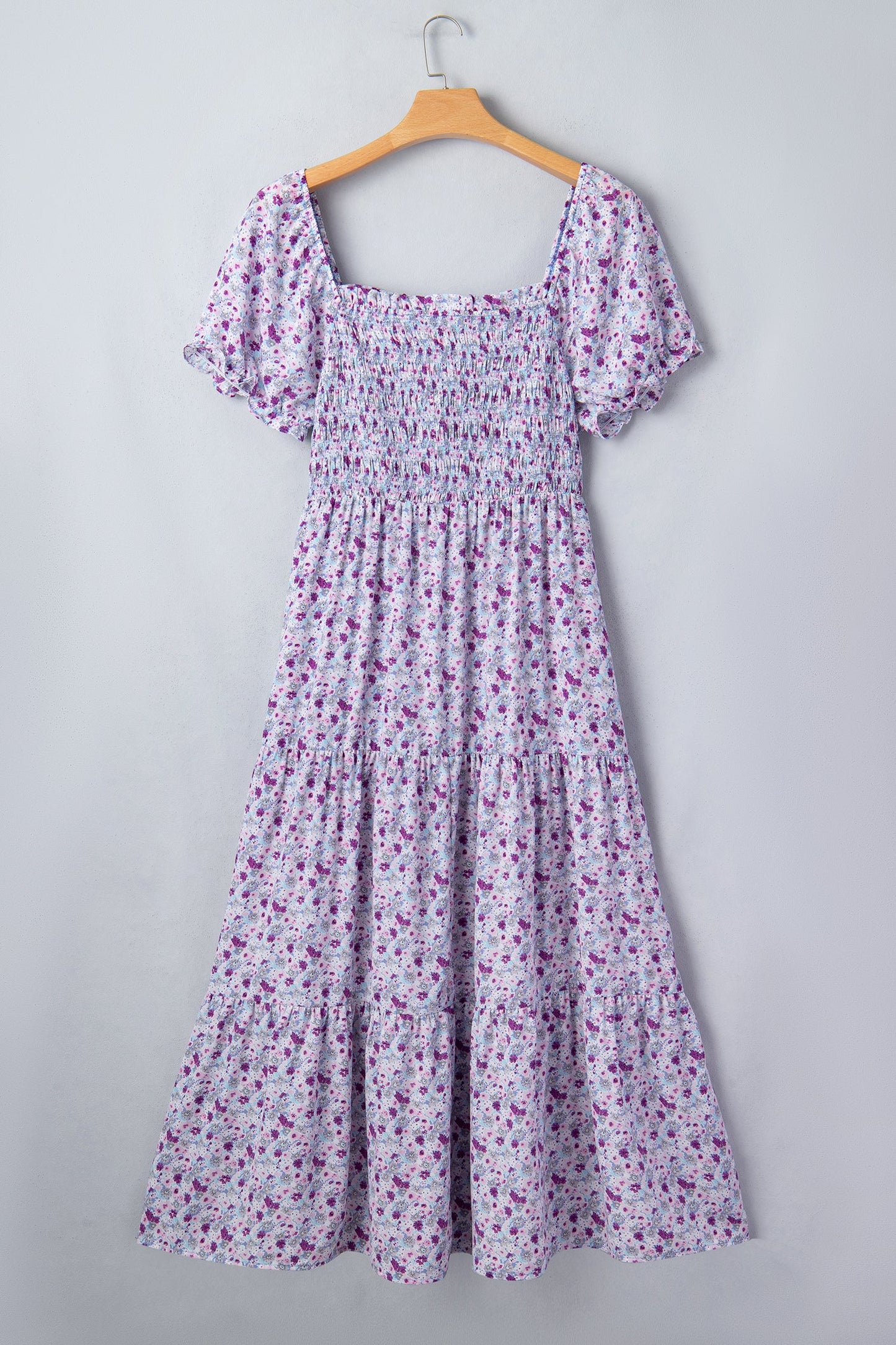 Purple floral smocked maxi dress, square back neckline and short puff sleeves