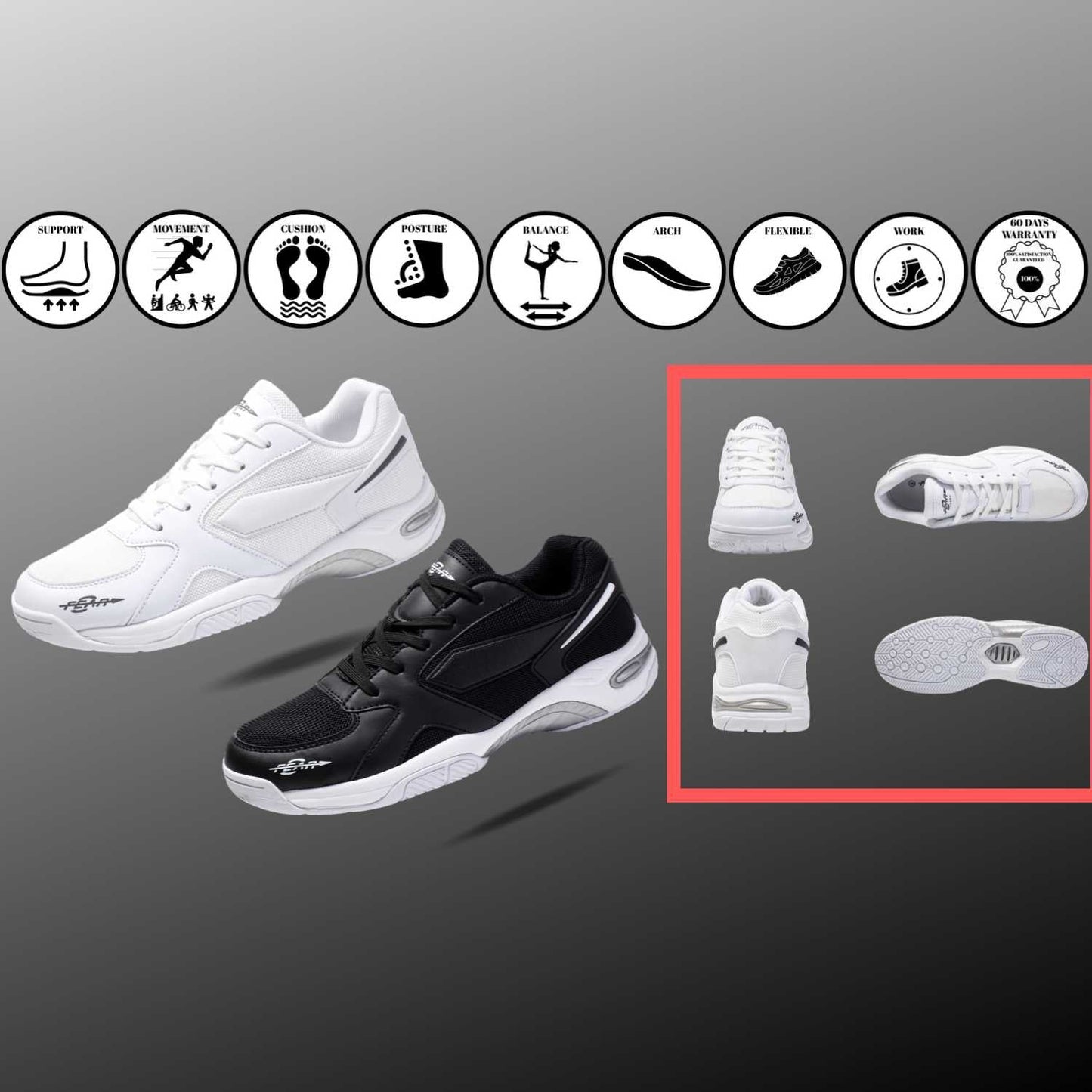 Men's walking shoes, black and white pair with lace-up design and cushioned sole