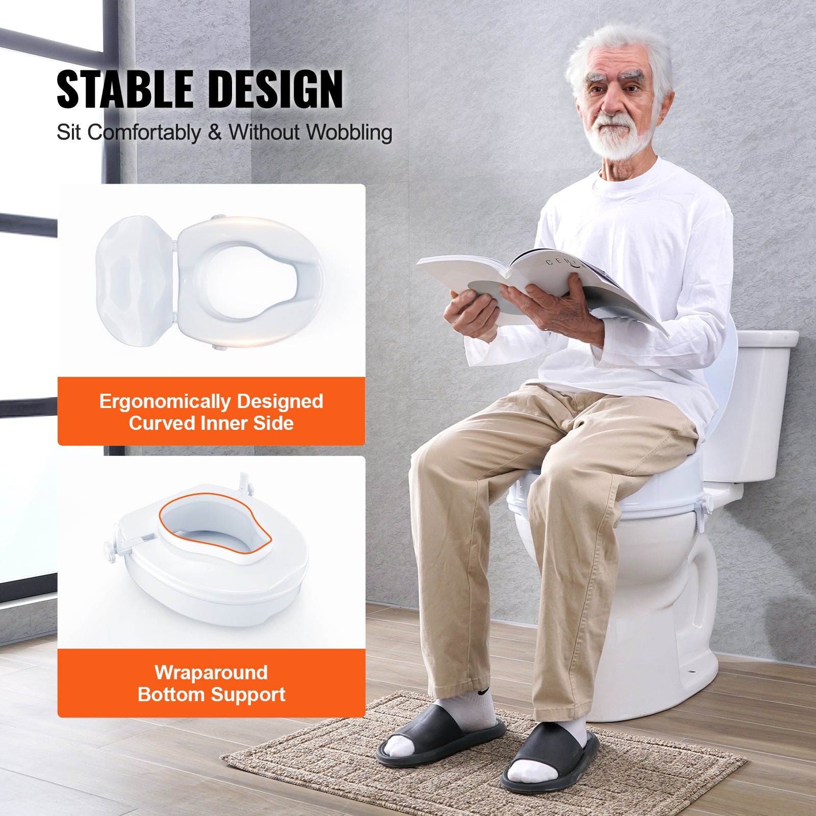 Raised toilet seat with curved inner opening and wraparound bottom support