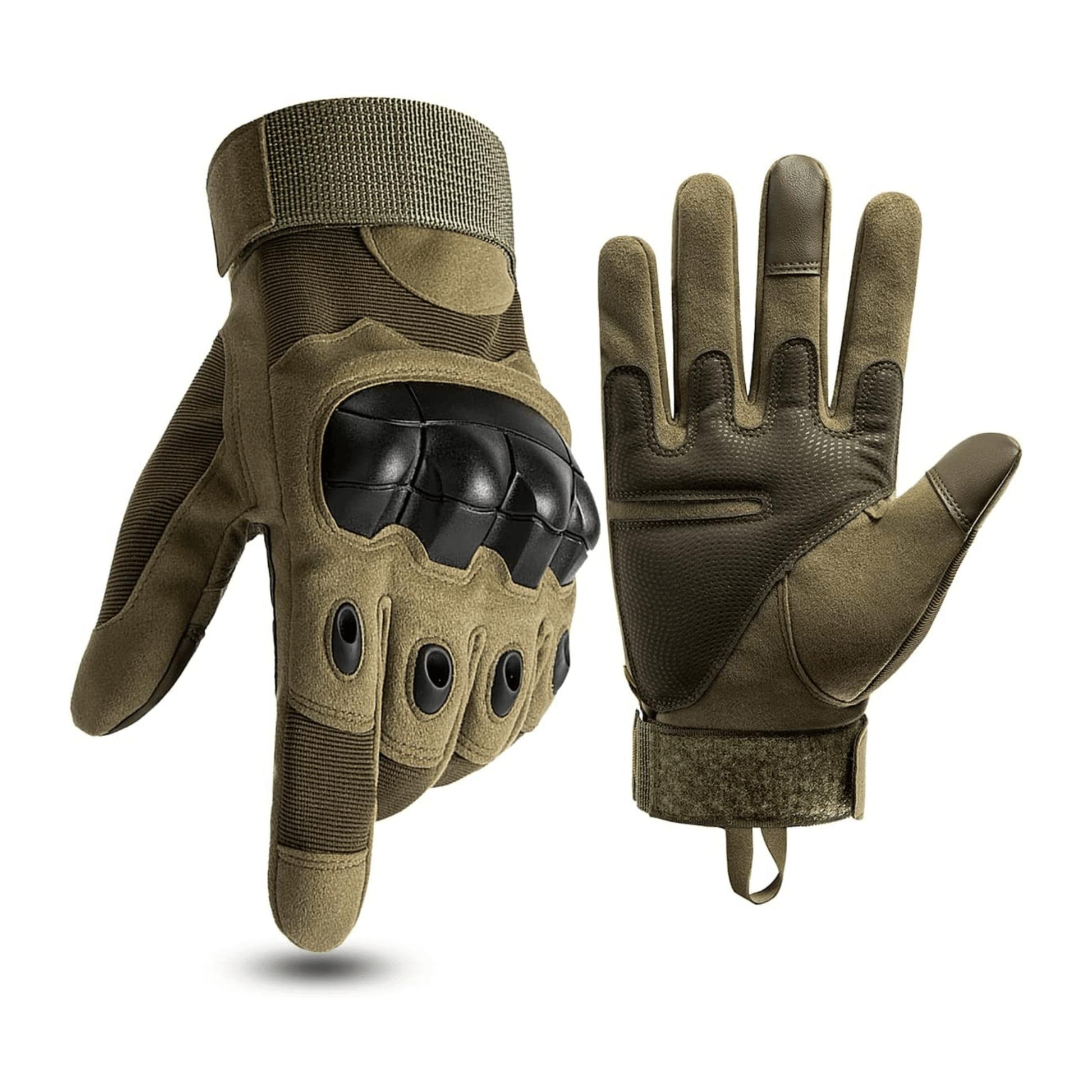 Tan tactical gloves with padded knuckles, finger holes, and adjustable wrist strap.
