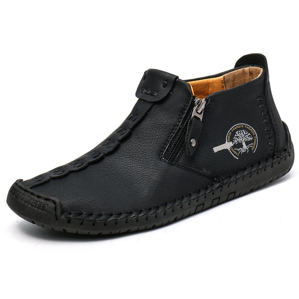 Men's fleece-lined zip-up padded boots, black leather upper, stitched tread sole