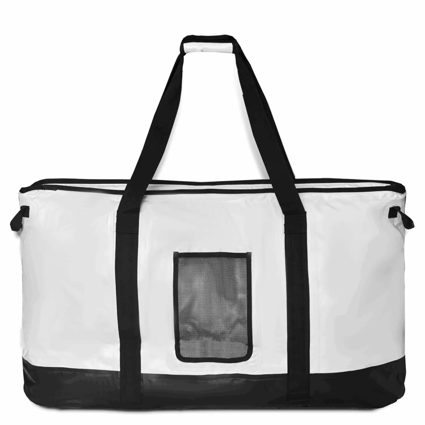 White fish cooler bag with central mesh pocket panel and black carry handles