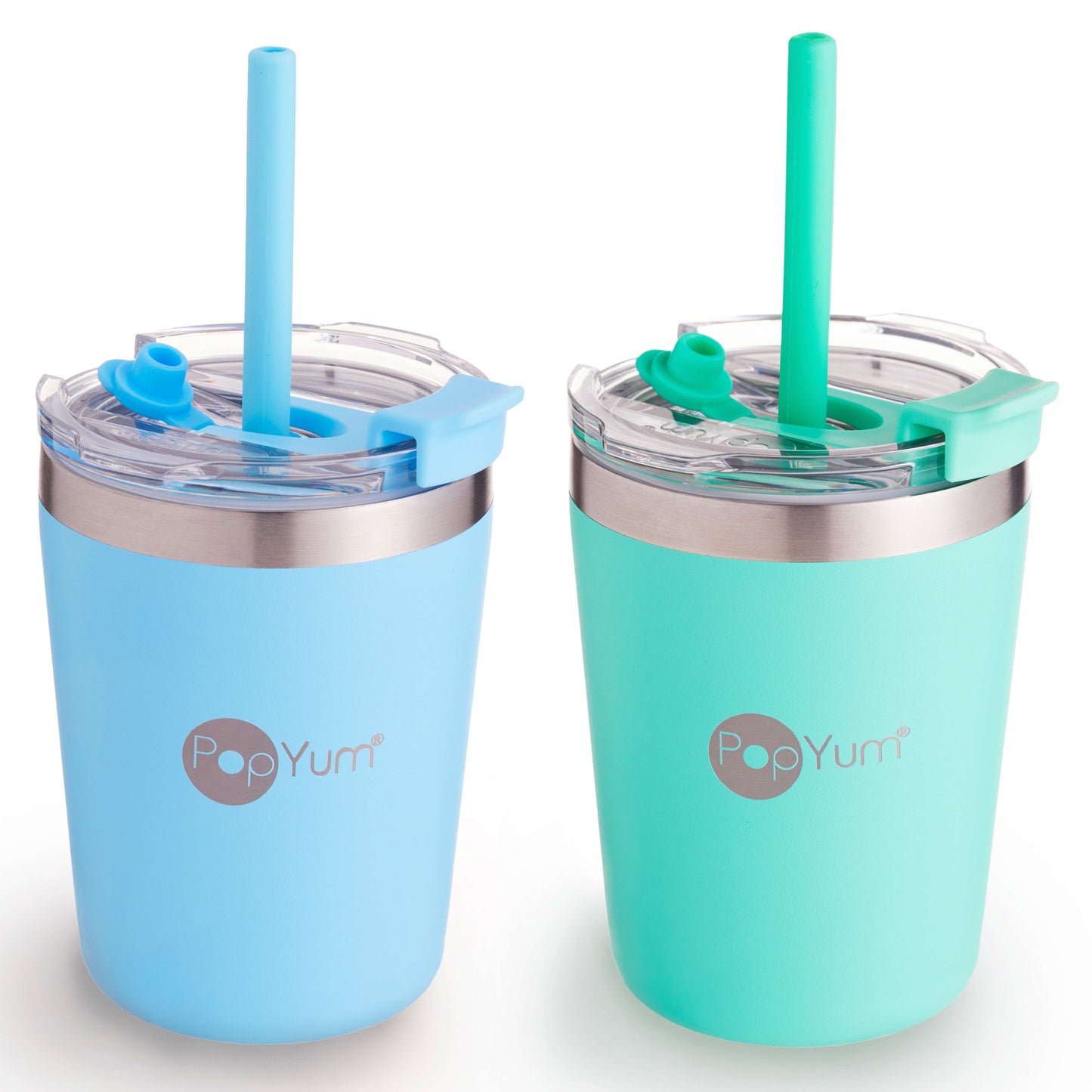PopYum 9oz Insulated Stainless Steel Kids’ Cups with Lid and Straw, 2-Pack, Blue & Green, stackable, sippy, baby, child, toddler, tumbler
