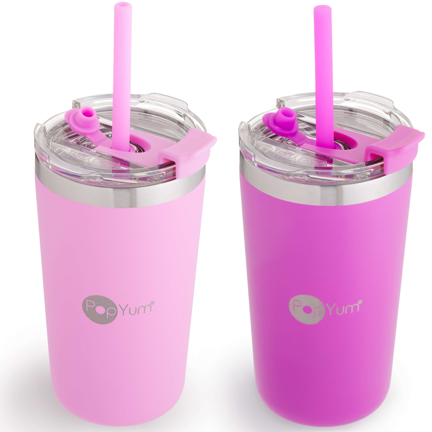 PopYum 13oz Insulated Stainless Steel Kids’ Cups with Lid and Straw, 2-Pack, Purple & Pink, stackable, sippy, baby, child, toddler, tumbler