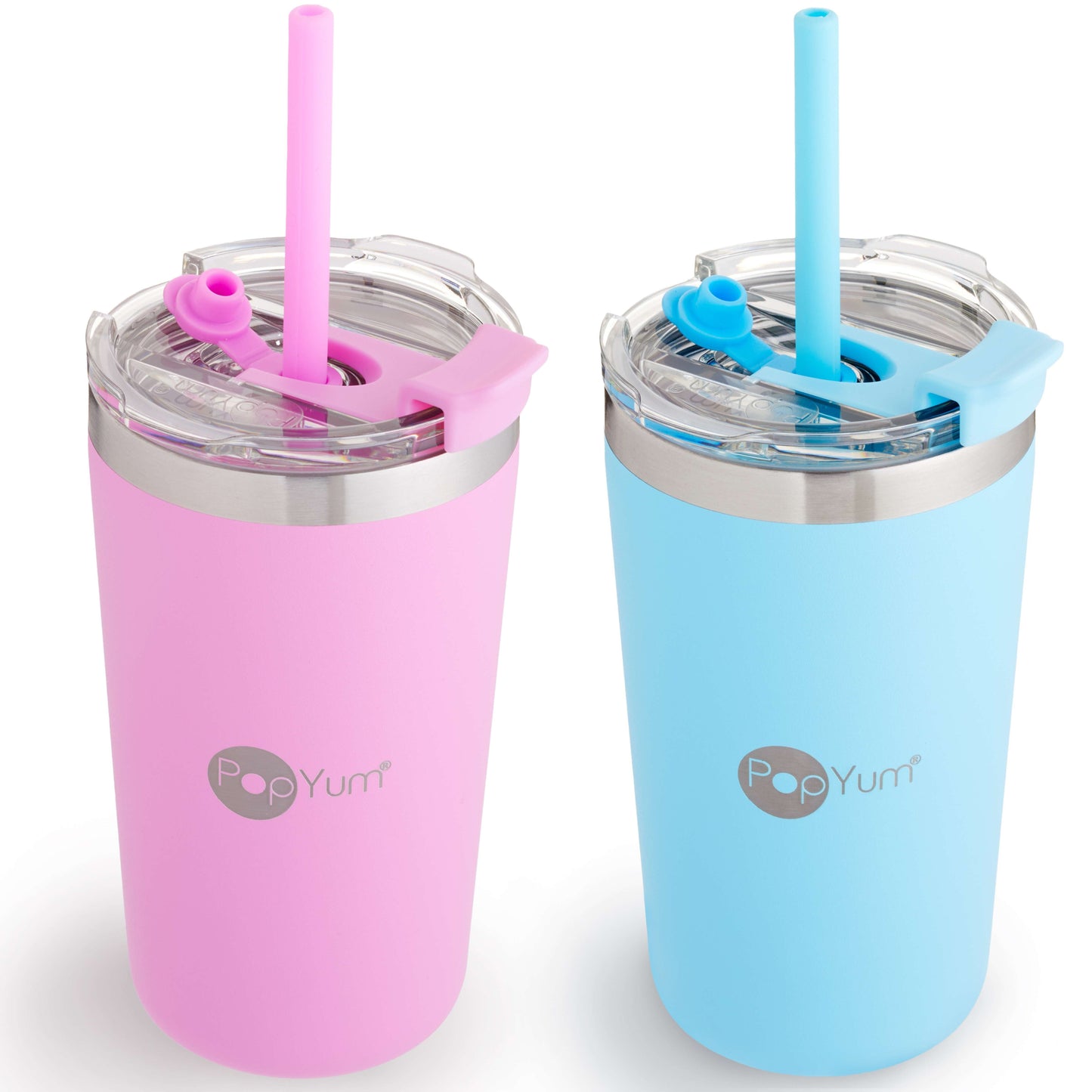 PopYum 13oz Insulated Stainless Steel Kids’ Cups with Lid and Straw, 2-Pack, Blue & Pink, stackable, sippy, baby, child, toddler, tumbler