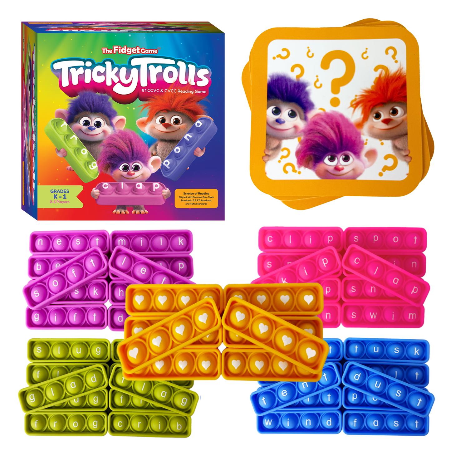 Tricky Trolls reading game set: letter pusher tiles and card deck in a box
