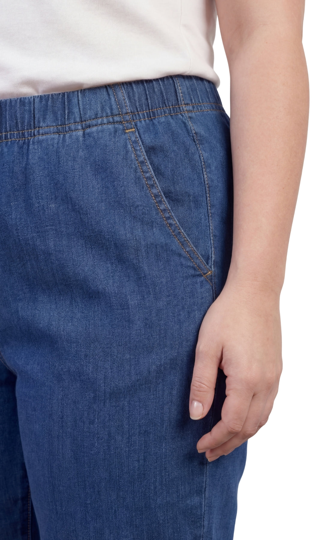 Close-up of blue jeans with a white background