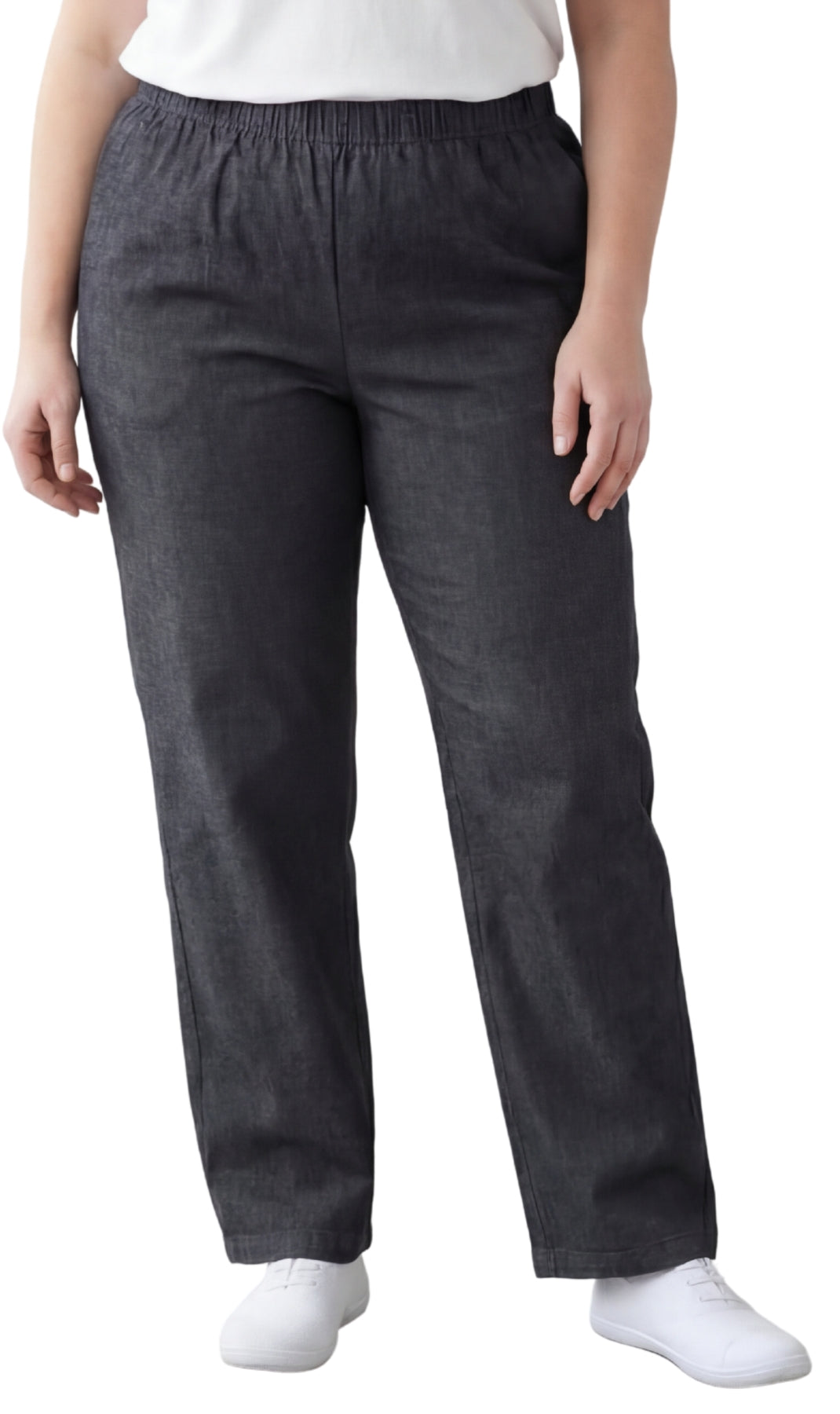 Person wearing dark gray pants on a white background