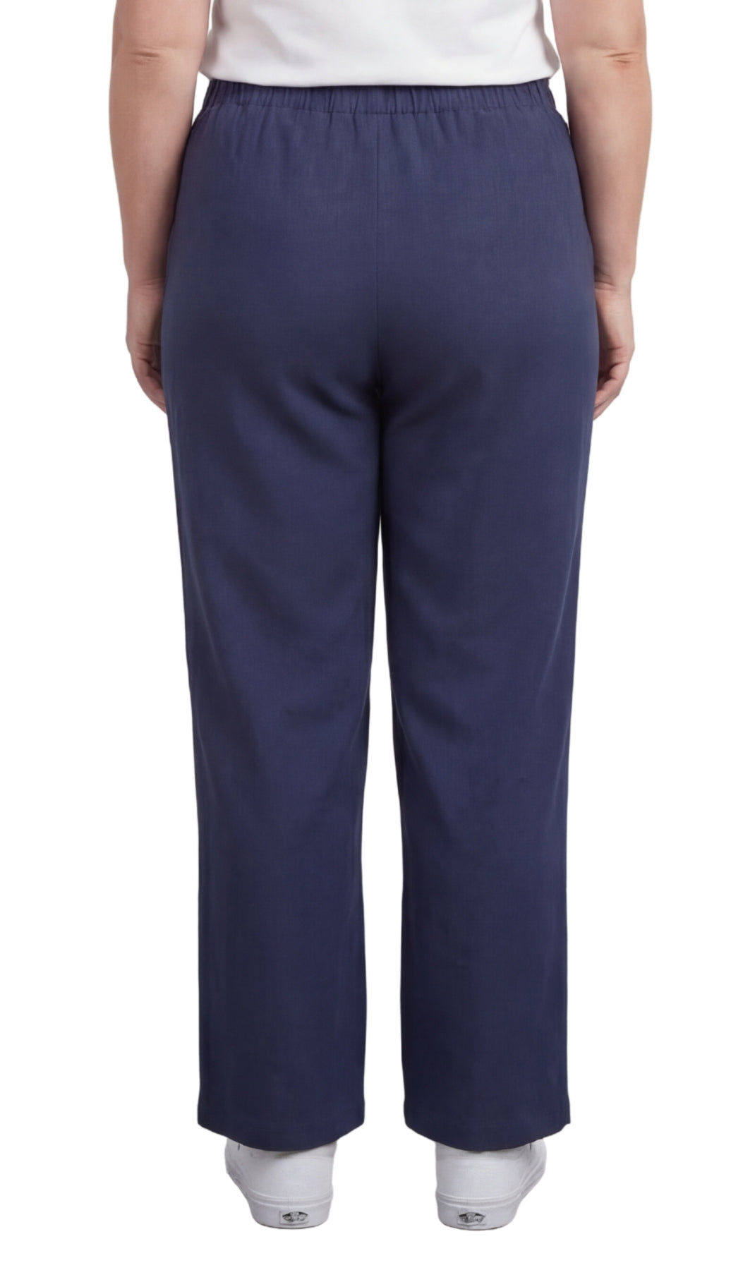 Navy blue pants worn by a person on a white background