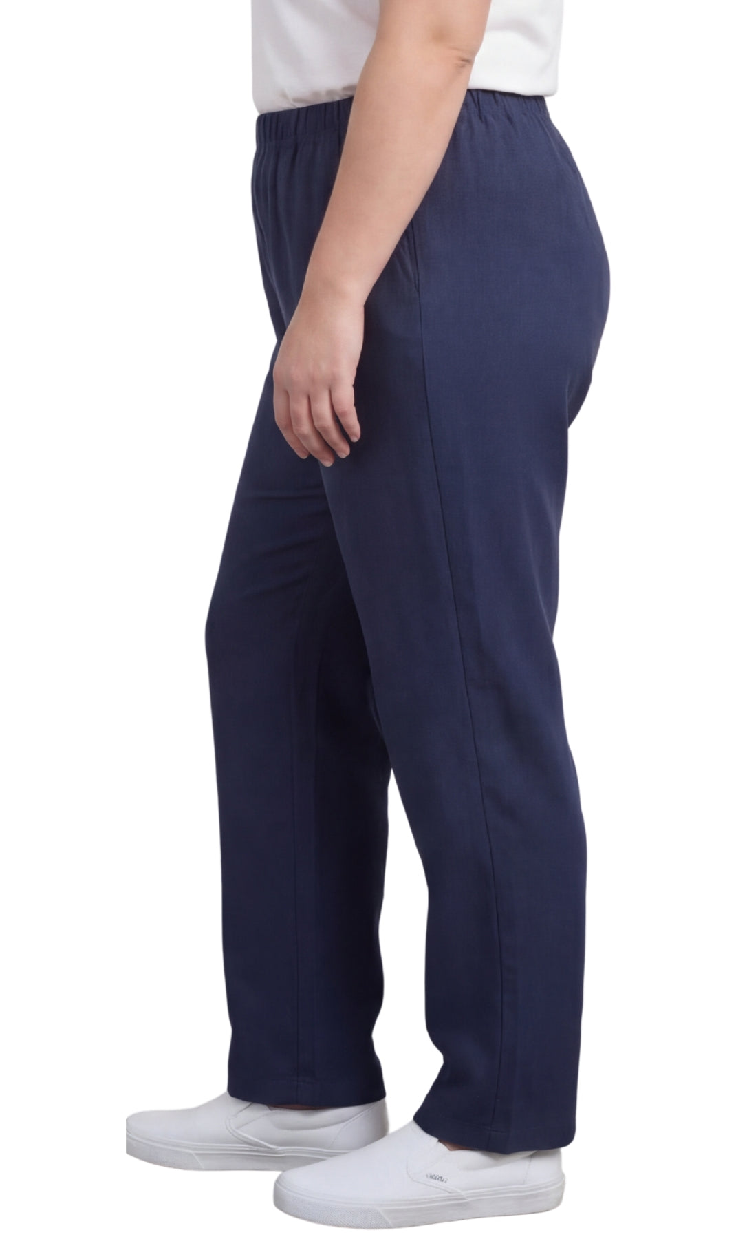 Navy blue pants worn by a person on a white background