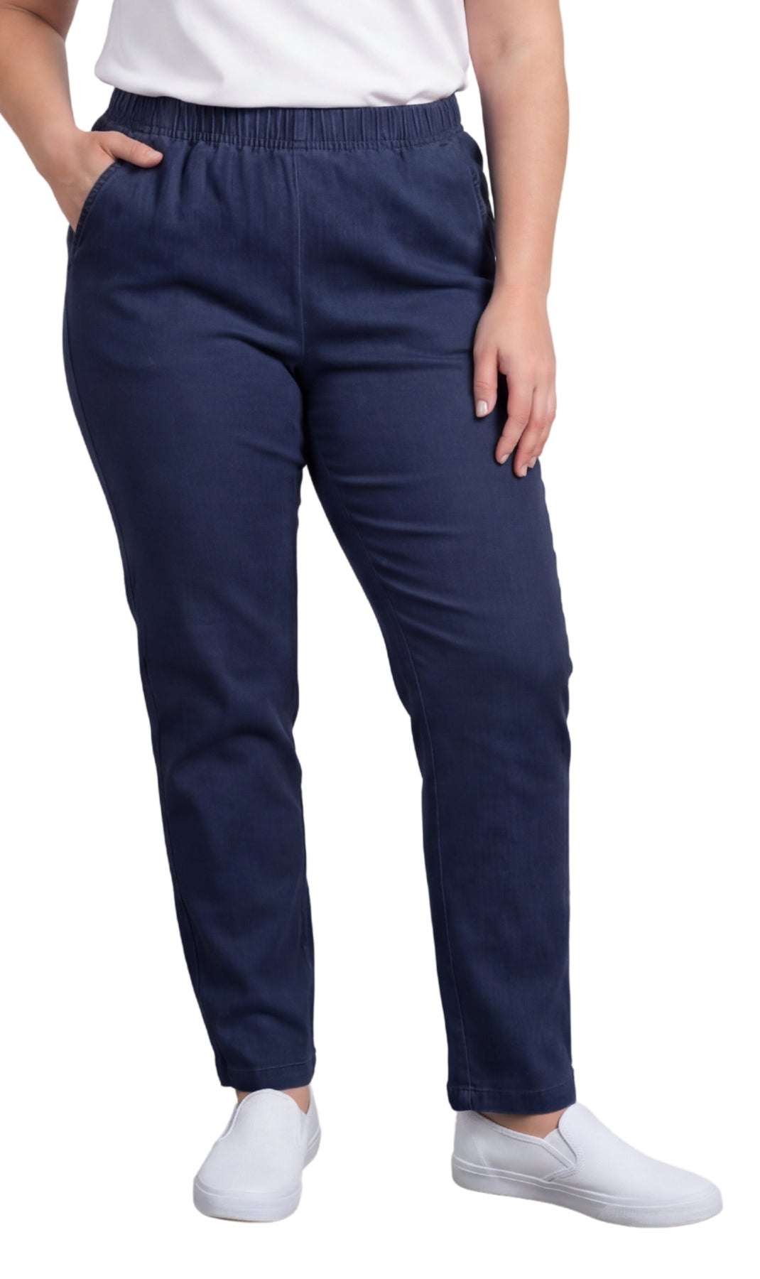 Navy blue pants worn by a person on a white background