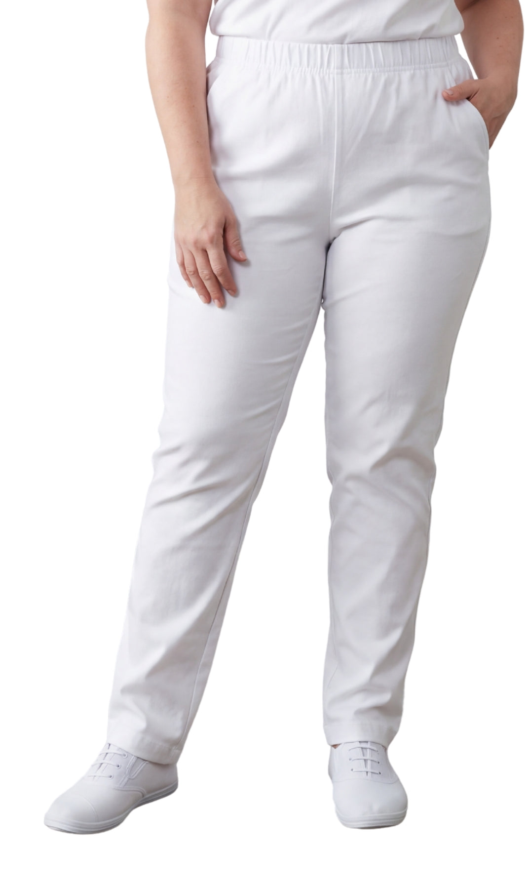 Person wearing white pants on a white background