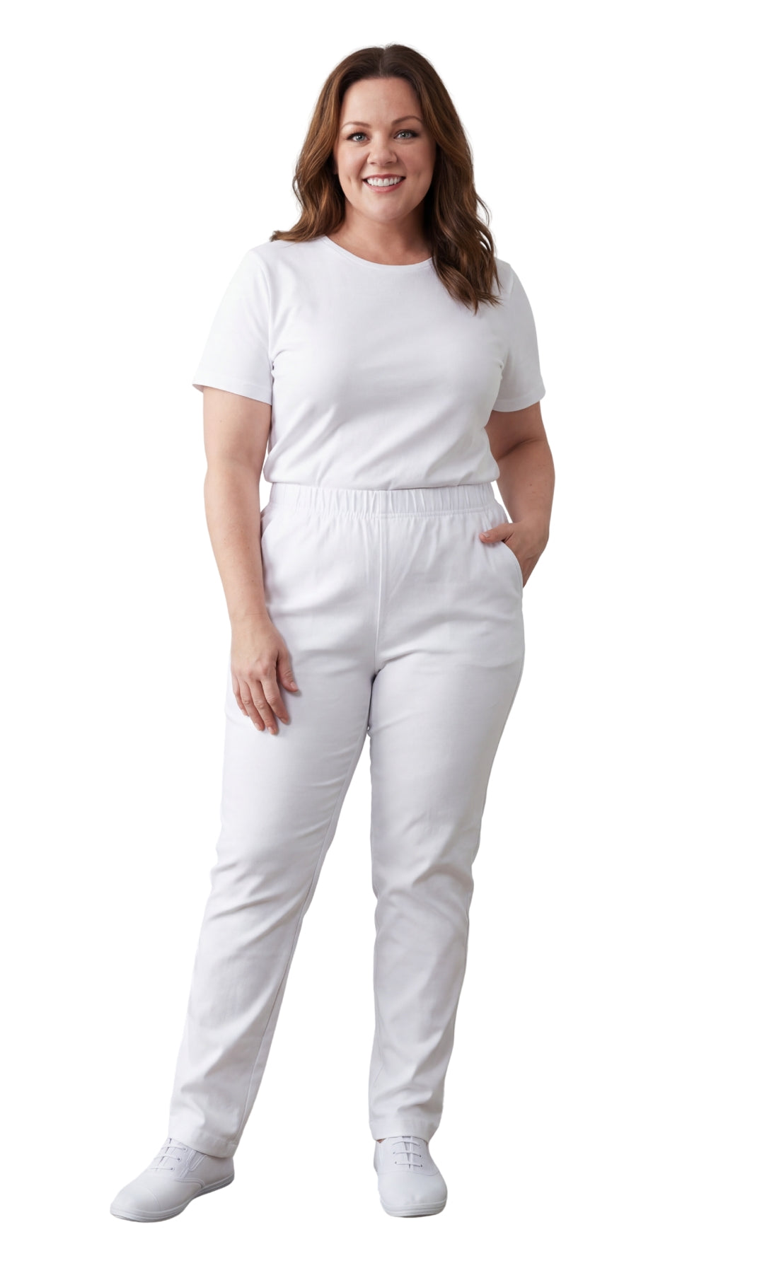 Woman wearing a white outfit on a white background