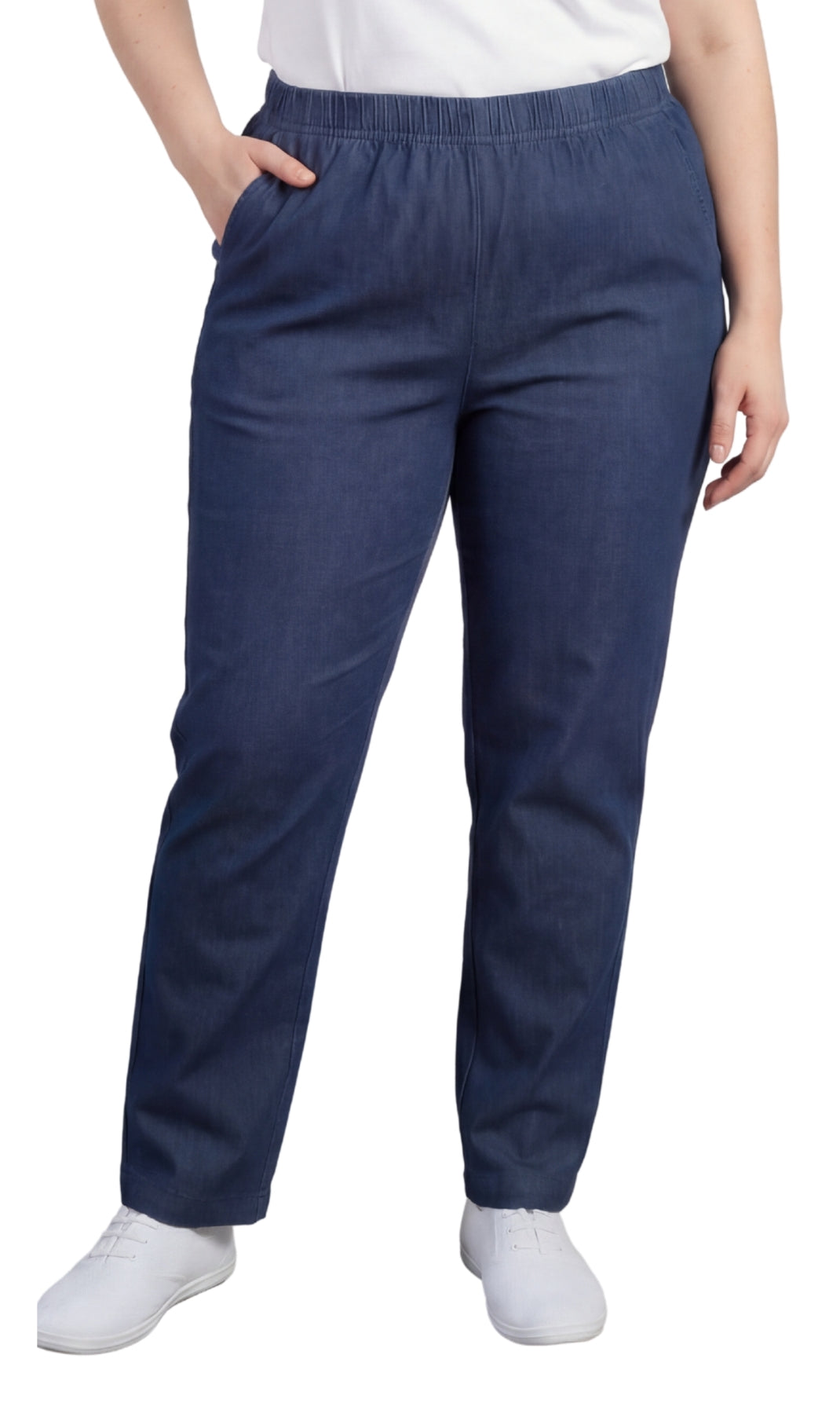 Navy blue pants worn by a person on a white background