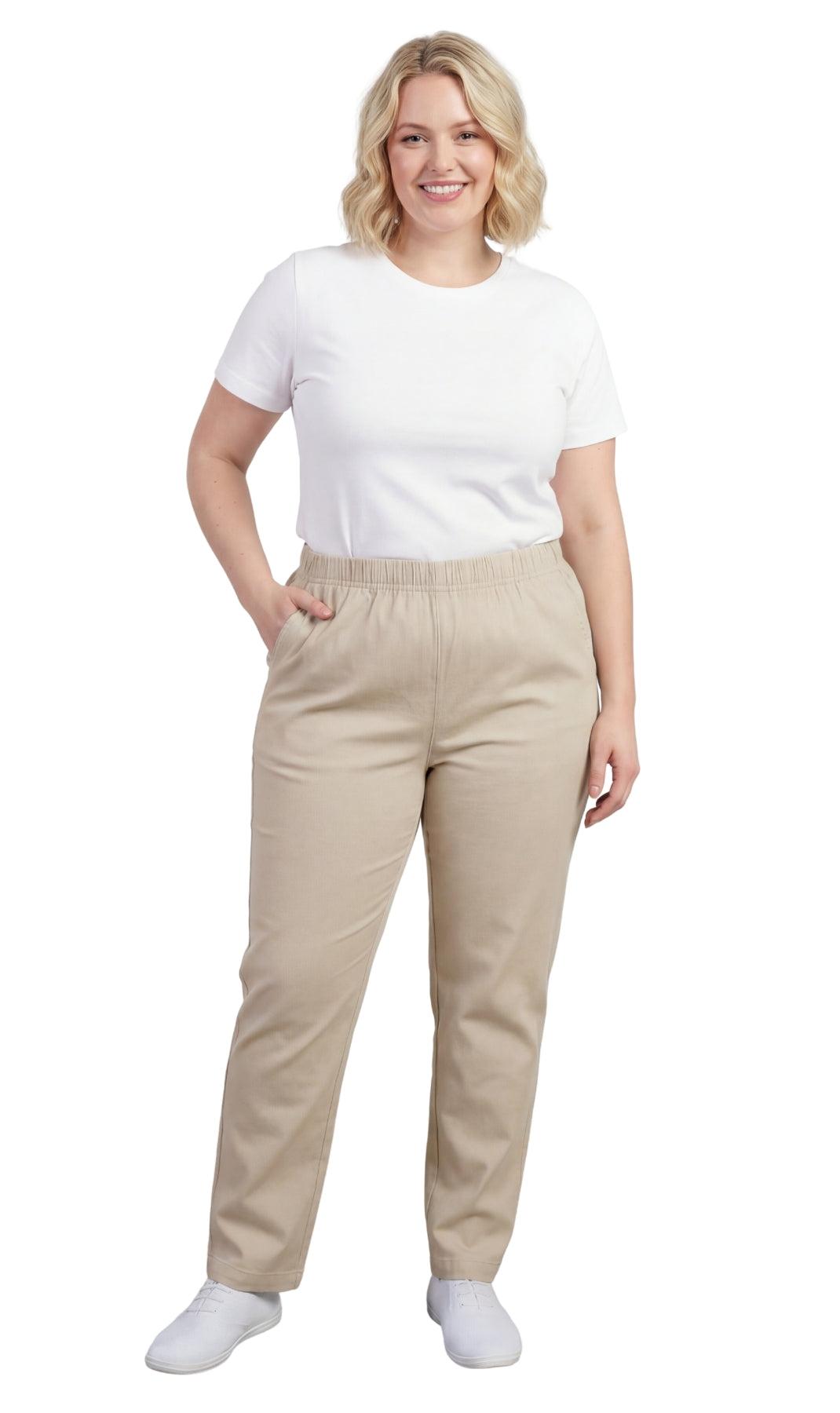 Woman wearing beige pants and a white shirt on a white background