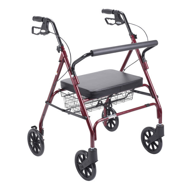 Red bariatric rollator with padded seat, wire basket, and four caster wheels