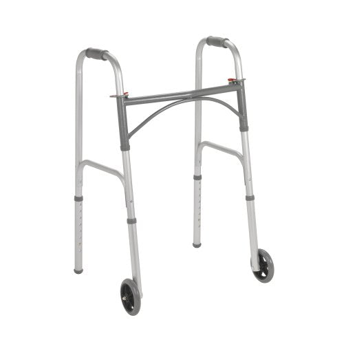 Folding steel walker with arched support bar and two-button grips; small front wheels